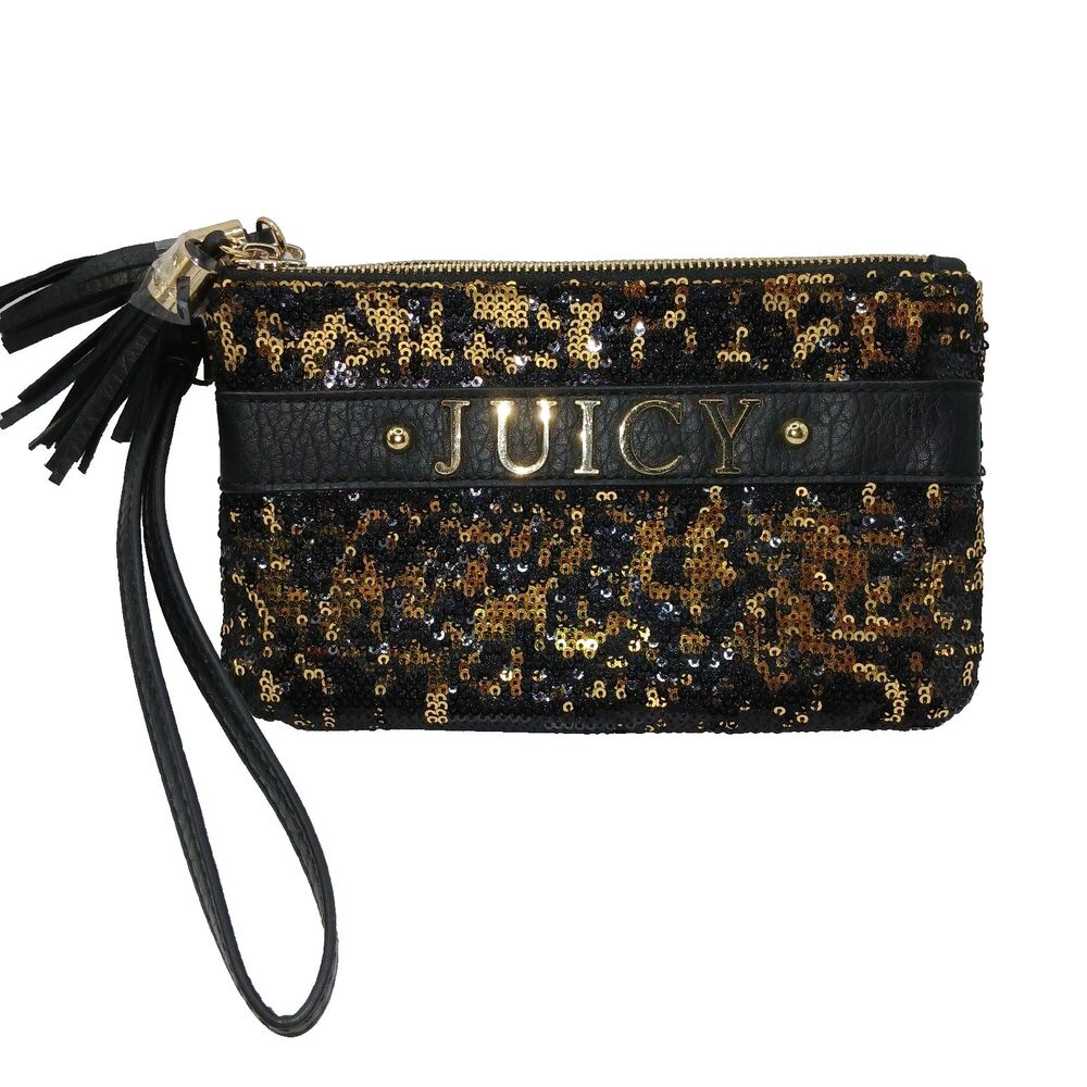 Juicy Couture Wristlet Bag Purse Gold & Black Sequins Tassels Kohls Colab 8x5 in